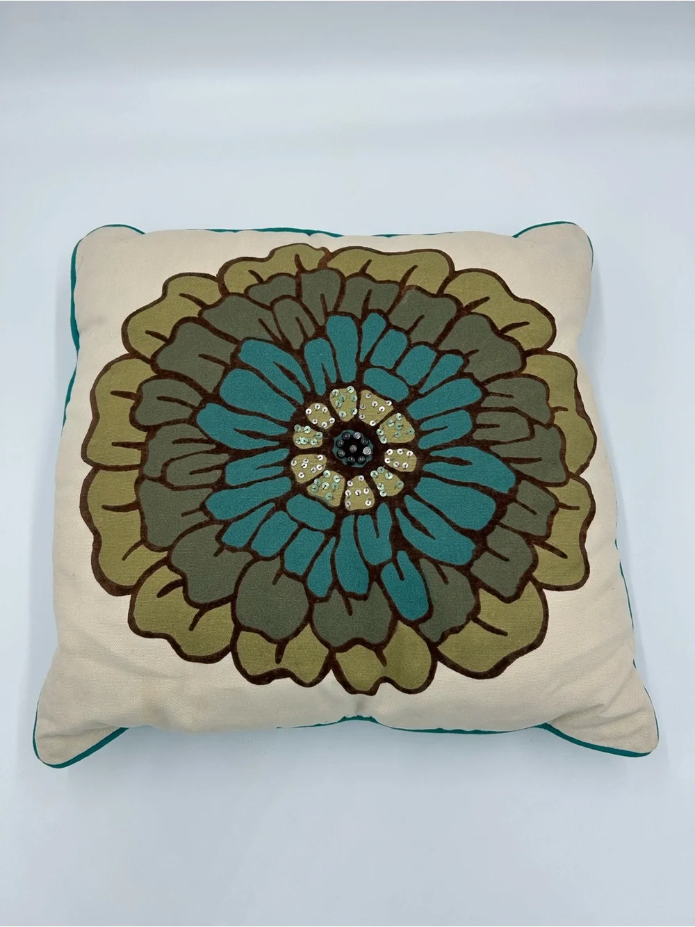 Pier 1 Teal and Olive Floral Embroidered Sequined Accent Pillow